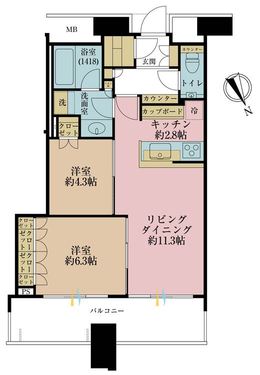 間取り 2LDK、専有面積59.89?、バルコニー面積12.42?