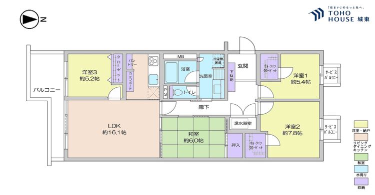 間取り ４ＬＤＫ、専有面積９５．０４平米、バルコニー面積１０平米