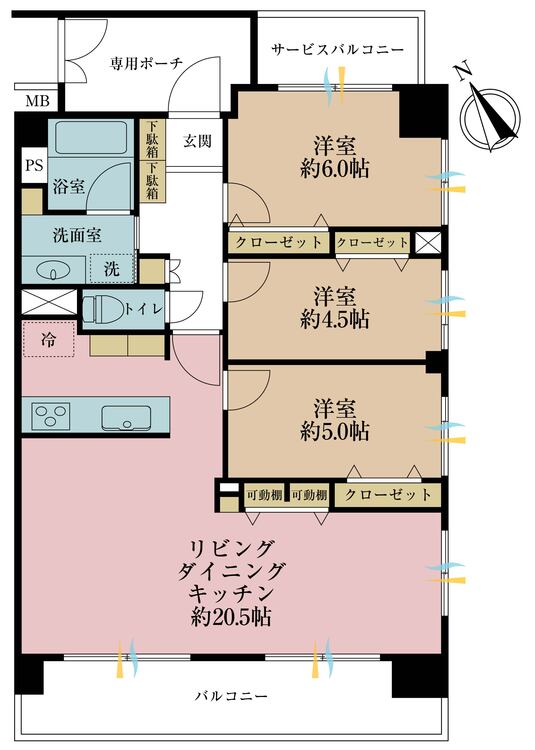 間取り ３ＬＤＫ、専有面積７５．９６平米、バルコニー面積１０．８８平米