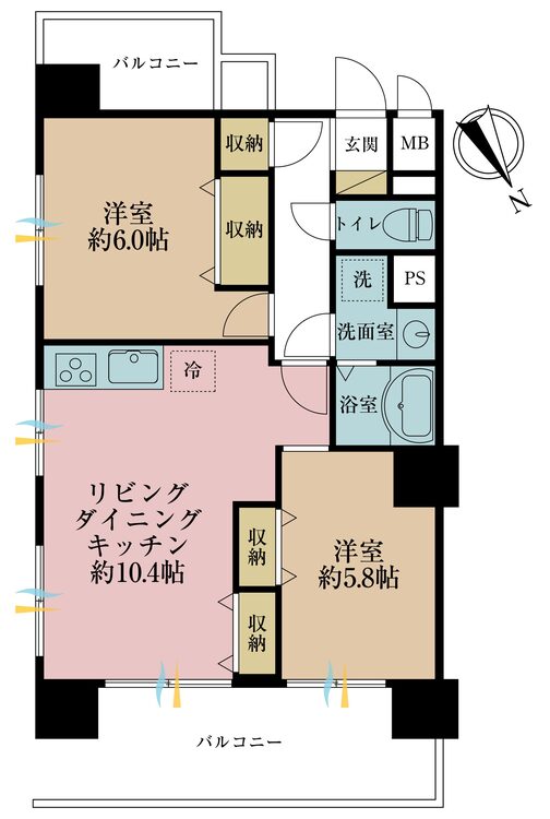 間取り ２ＬＤＫ、専有面積５７平米、バルコニー面積９．８４平米