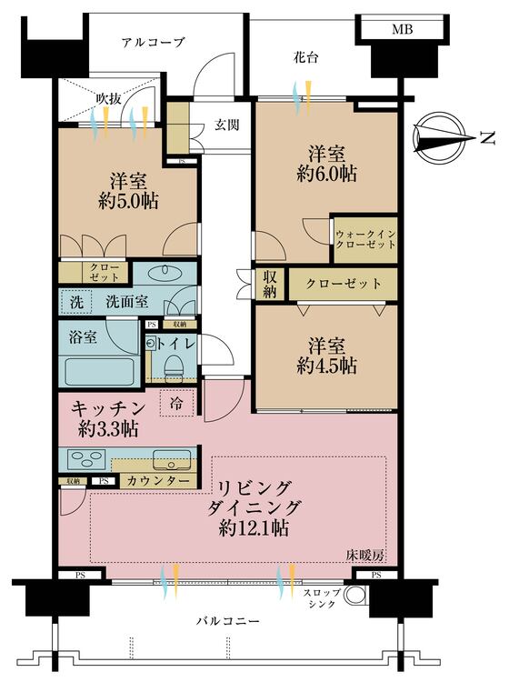 間取り 3LDK、専有面積73.26?、バルコニー面積12.7?