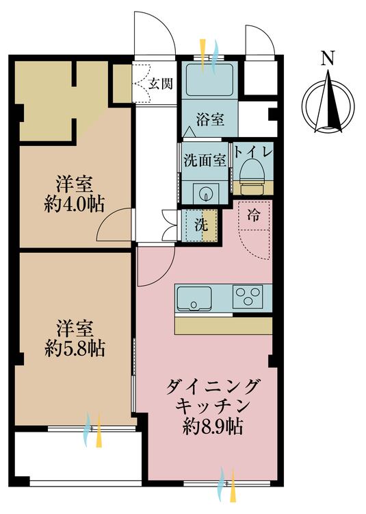 間取り 2DK、専有面積50.22?、バルコニー面積専有面積に含む