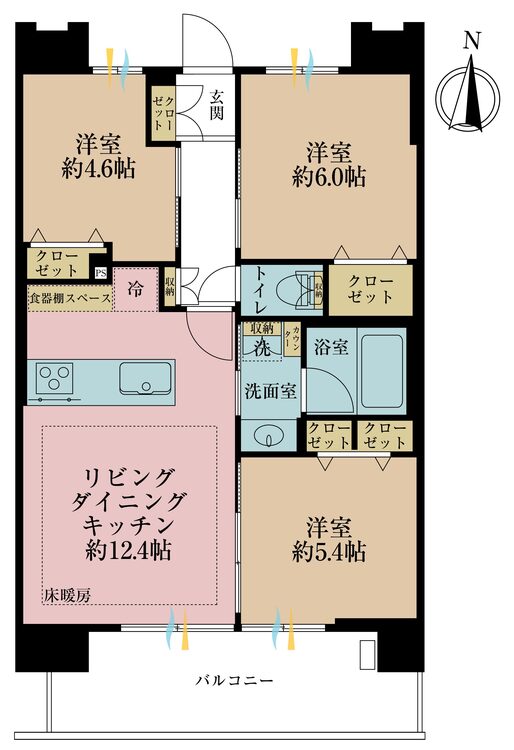 間取り 3LDK、専有面積61.38m2、バルコニー面積10.98m2