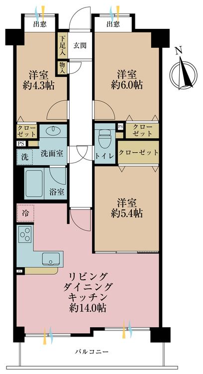 間取り ３ＬＤＫ、専有面積６９．１９平米、バルコニー面積９．３３平米