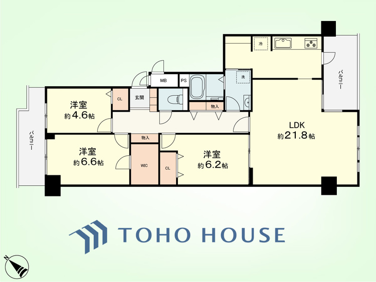 間取り 3LDK　専有面積88.49平米、バルコニー面積7.57平米