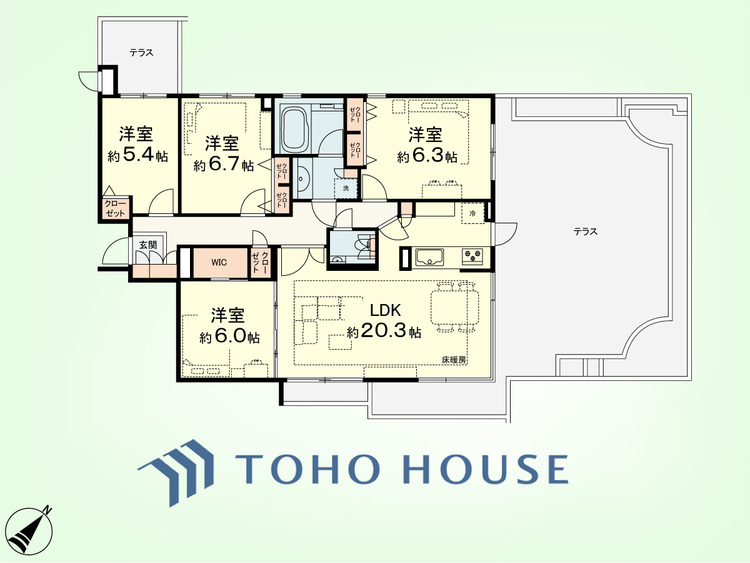 間取り 4LDK　専有面積101.98平米、バルコニー面積48.95平米