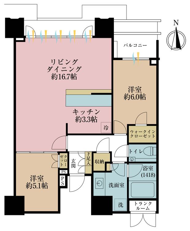 間取り 2LDK、専有面積70.7?、バルコニー面積5.08?