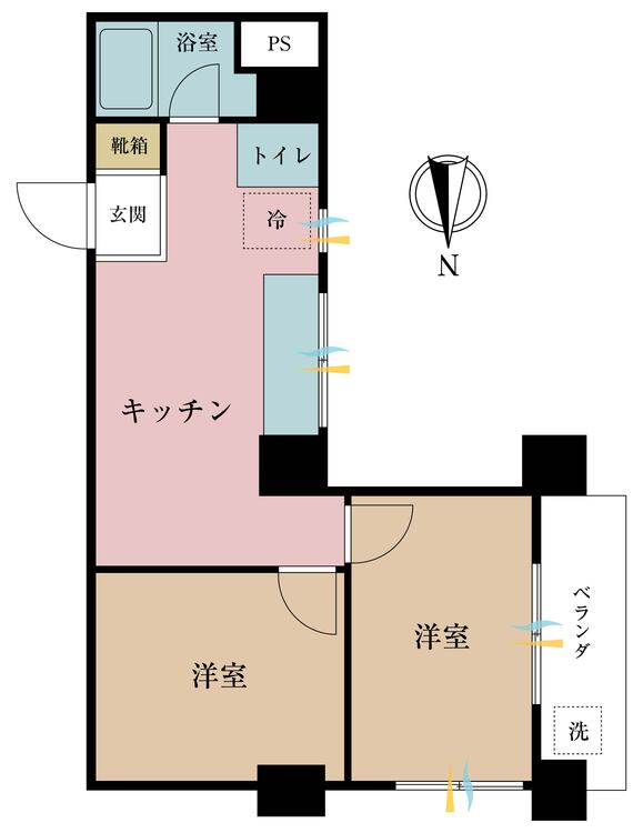 間取り 2K、専有面積34.21?、バルコニー面積2?