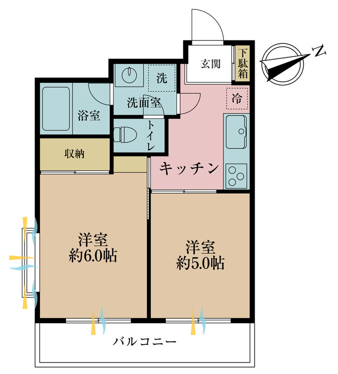 間取り ２Ｋ、専有面積３３．３９平米、バルコニー面積５．７２平米