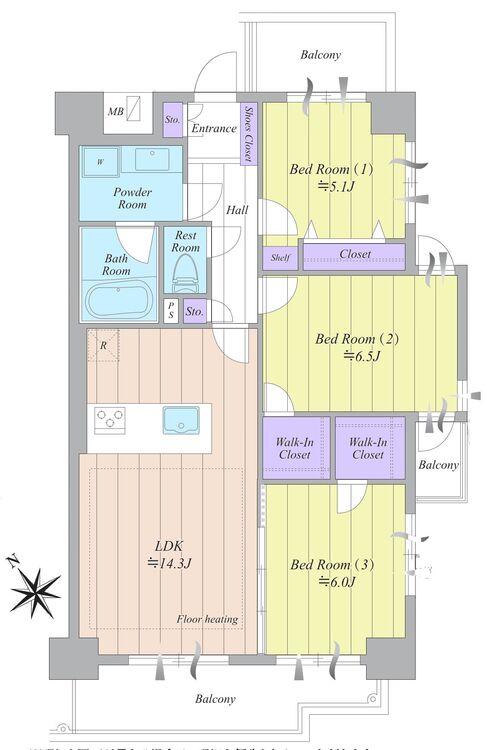 間取り ３ＬＤＫ、専有面積７３．０５平米、バルコニー面積１３．５４平米