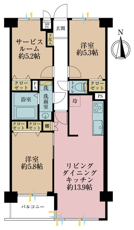 間取り ２ＳＬＤＫ、専有面積６６．７１平米、バルコニー面積４．０５平米