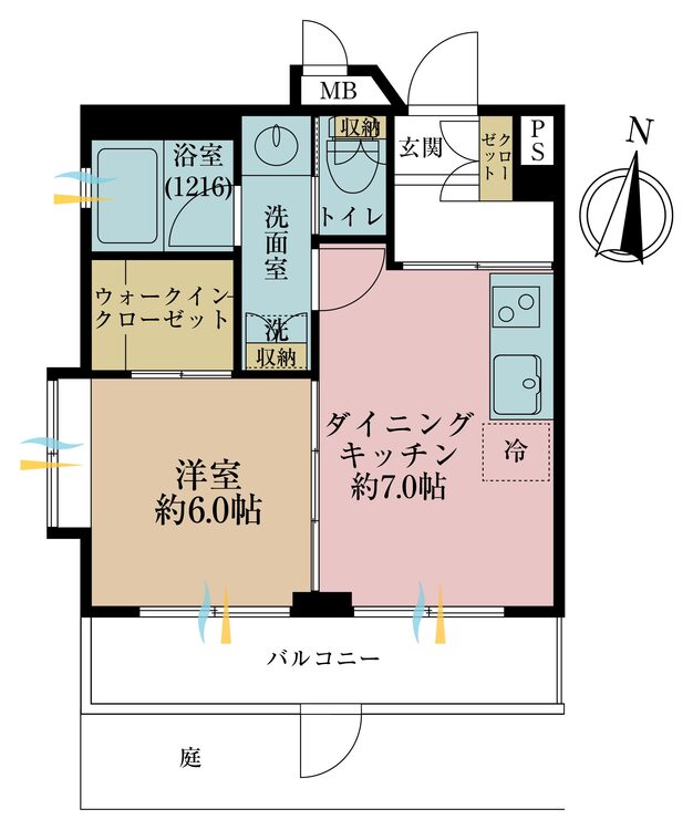 間取り １ＬＤＫ、専有面積３２．８６平米、バルコニー面積６．１６平米、専有庭面積１０．４平米