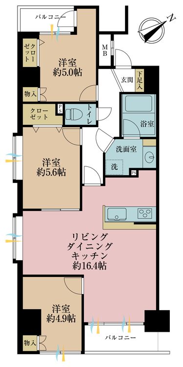 間取り 3LDK、専有面積71.08?、バルコニー面積6.18?