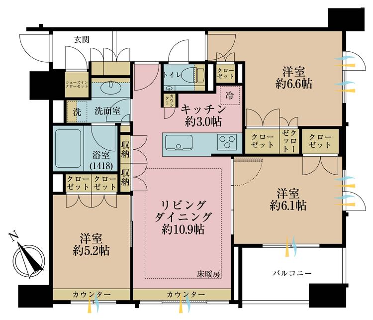 間取り 3LDK、専有面積72.48m2、バルコニー面積5.69m2
