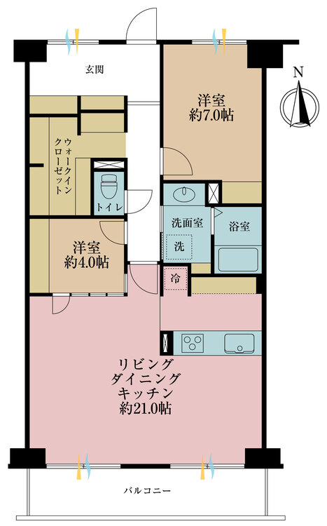 間取り 2LDK、専有面積76.42m2、バルコニー面積9.1m2