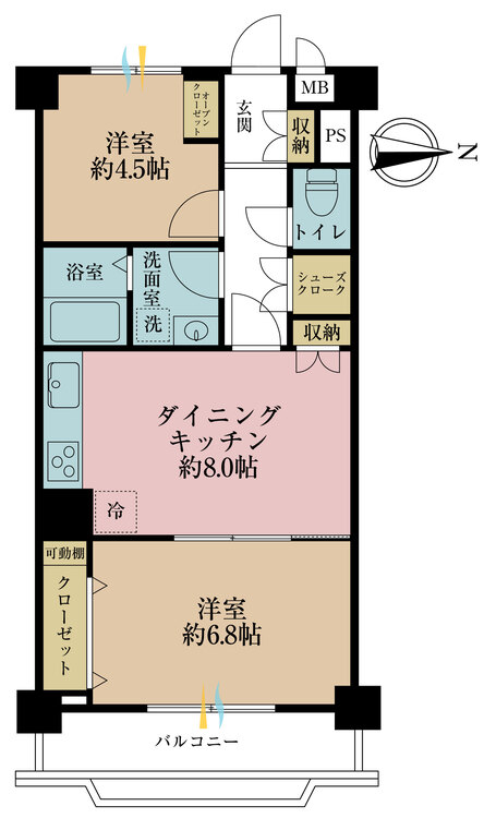 間取り 2DK、専有面積50m2、バルコニー面積6.03m2