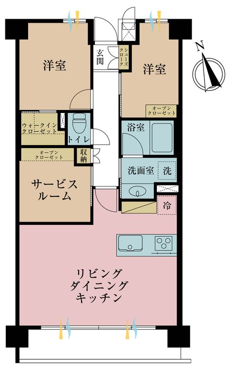 間取り 2LDK+S（納戸）、専有面積62.43m2、バルコニー面積6.96m2