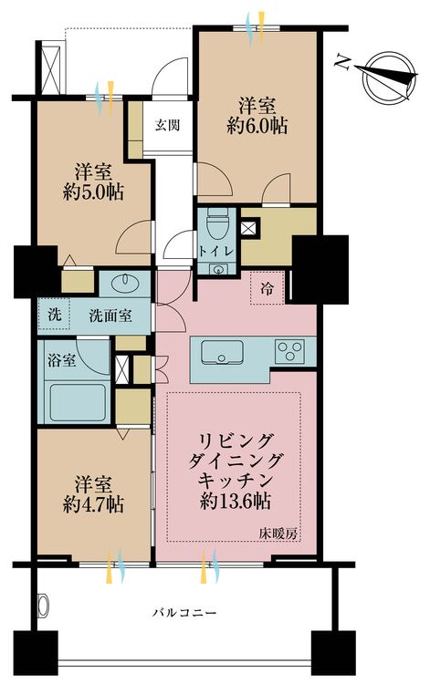 間取り 3LDK、専有面積64.48m2、バルコニー面積12m2
