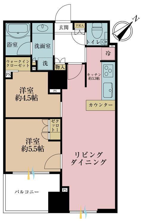 間取り 2LDK、専有面積56.09m2、バルコニー面積6.27m2