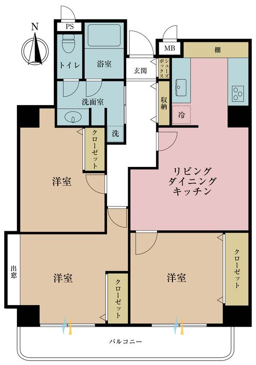 間取り 3LDK、専有面積57.38m2