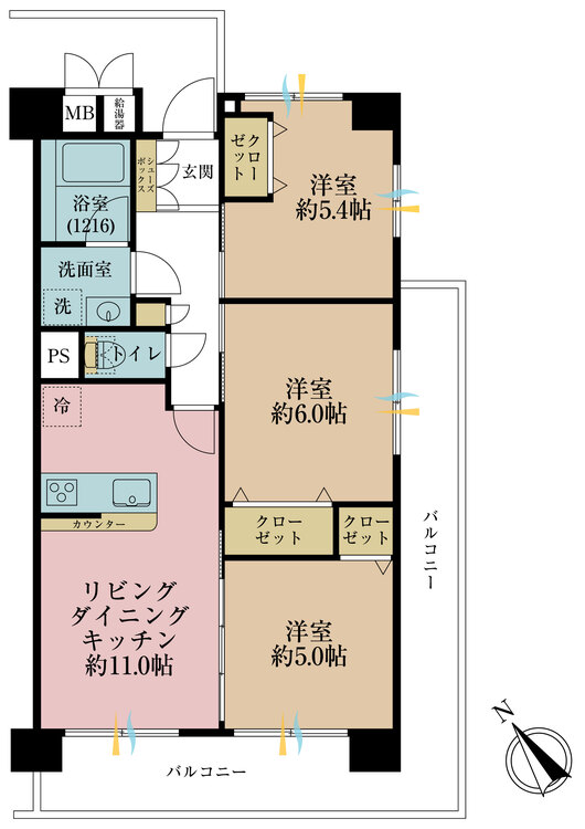 間取り ３ＬＤＫ、専有面積６２．６８平米、バルコニー面積１９．８平米