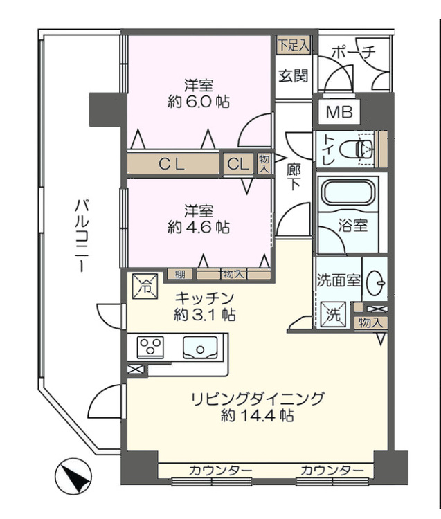 その他 2LDK、専有面積61.89m2、バルコニー面積18.29m2