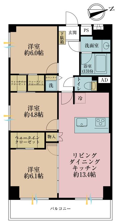 間取り ３ＬＤＫ、専有面積７１．５平米、バルコニー面積７．８平米