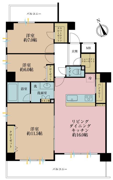間取り ３ＬＤＫ、専有面積９３．３１平米、バルコニー面積２１．７９平米