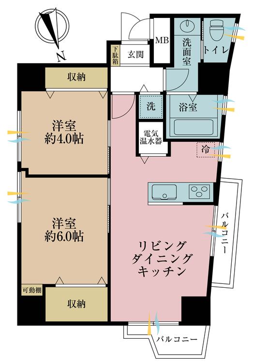 間取り 2LDK、専有面積54.01?、バルコニー面積3.54?