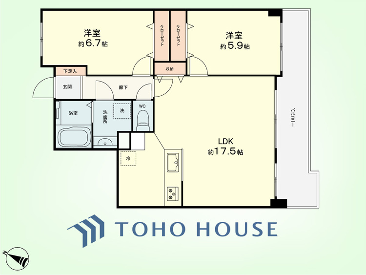 間取り 2LDK　専有面積65.59平米、バルコニー面積10.02平米