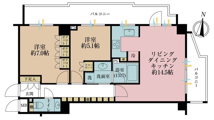 間取り 2LDK、専有面積62.79?、バルコニー面積20.2?