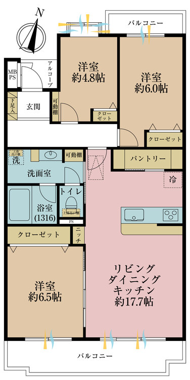 間取り ３ＬＤＫ、専有面積７６．３９平米、バルコニー面積１１．６７平米