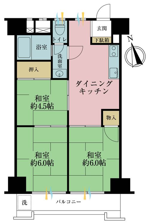 間取り ３ＤＫ、専有面積４８．０１平米、バルコニー面積６．７２平米