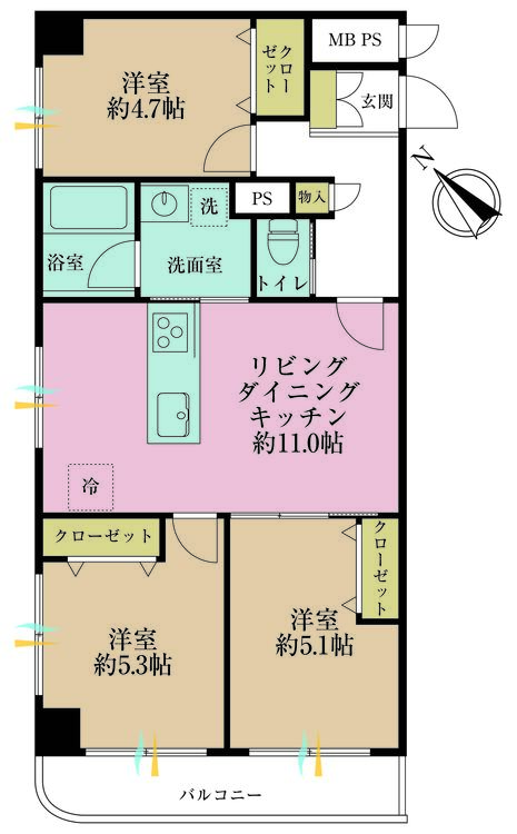 その他 3LDK、専有面積60.48m2、バルコニー面積5.4m2