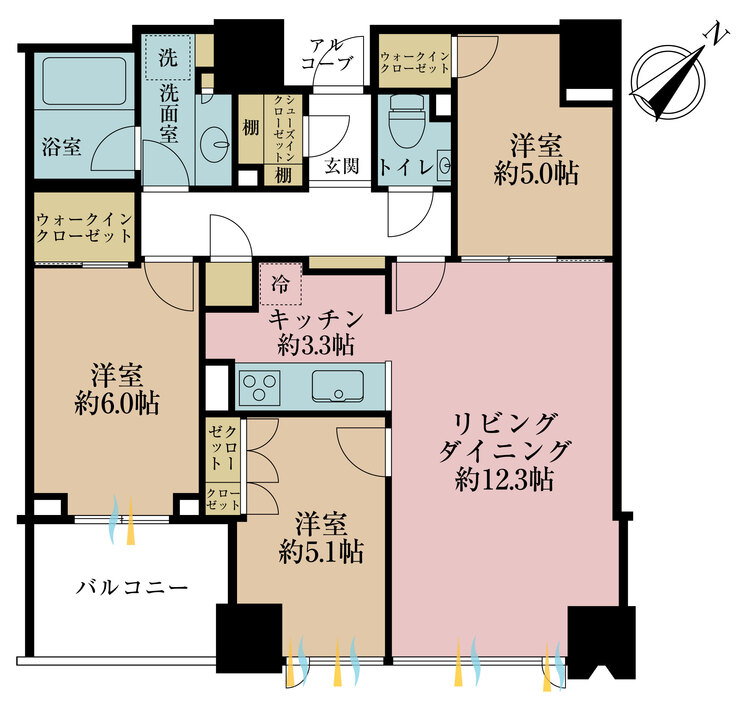 間取り 3LDK、専有面積73.45m2、バルコニー面積6.2m2