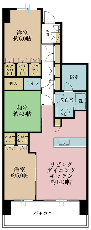 間取り ３ＬＤＫ、専有面積７０．８８平米、バルコニー面積１２．６平米