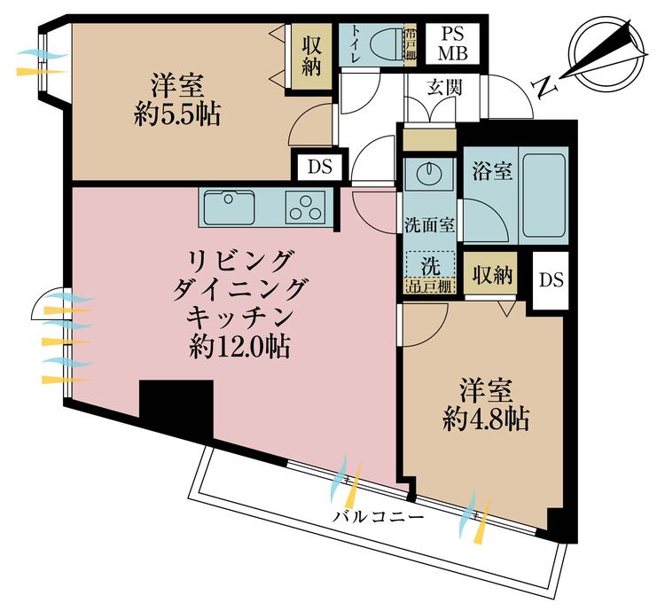 間取り 2LDK、専有面積57.18?、バルコニー面積確認中