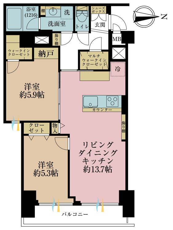 間取り 2LDK、専有面積54.97?、バルコニー面積4?
