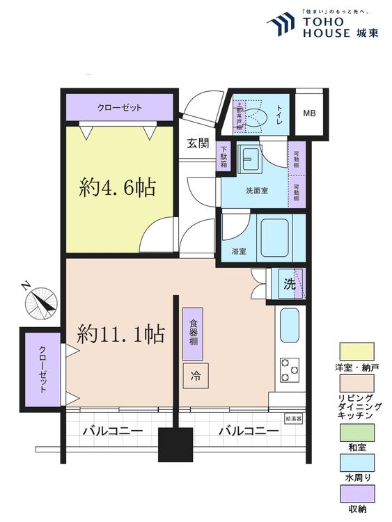 間取り １ＬＤＫ、専有面積４０．４６平米、バルコニー面積４．９９平米