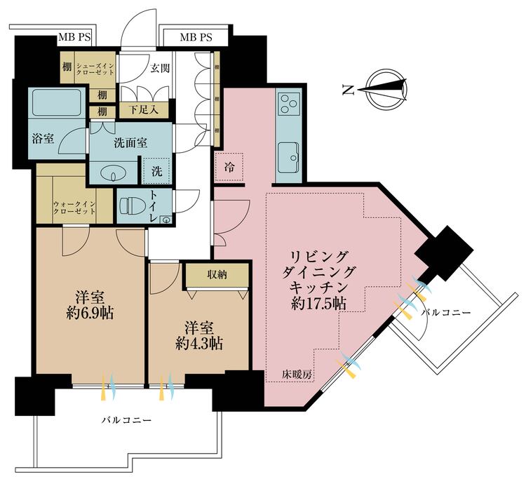 間取り 2LDK、価格1億9900万円、専有面積70.98m2、バルコニー面積10.15m2
