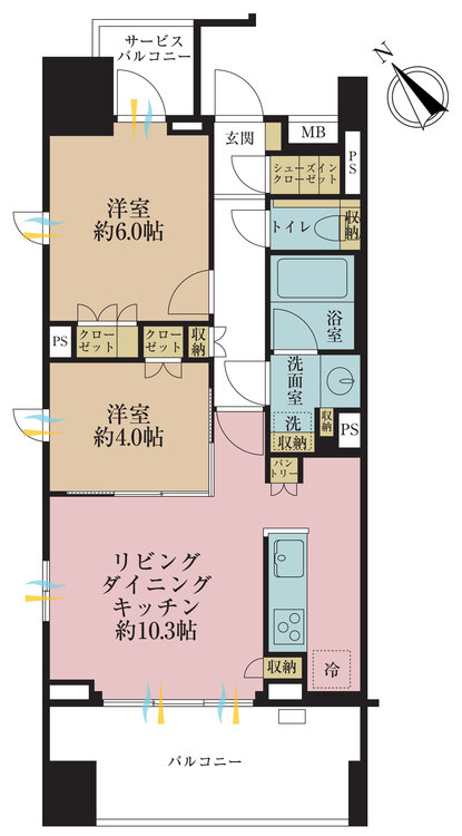 間取り 2LDK、専有面積54.16?、バルコニー面積10.45?