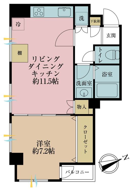 間取り 1LDK、専有面積45.11?、バルコニー面積1.69?