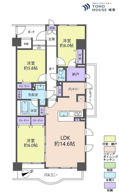 間取り ３ＬＤＫ、専有面積８３．２８平米、バルコニー面積１３．７７平米