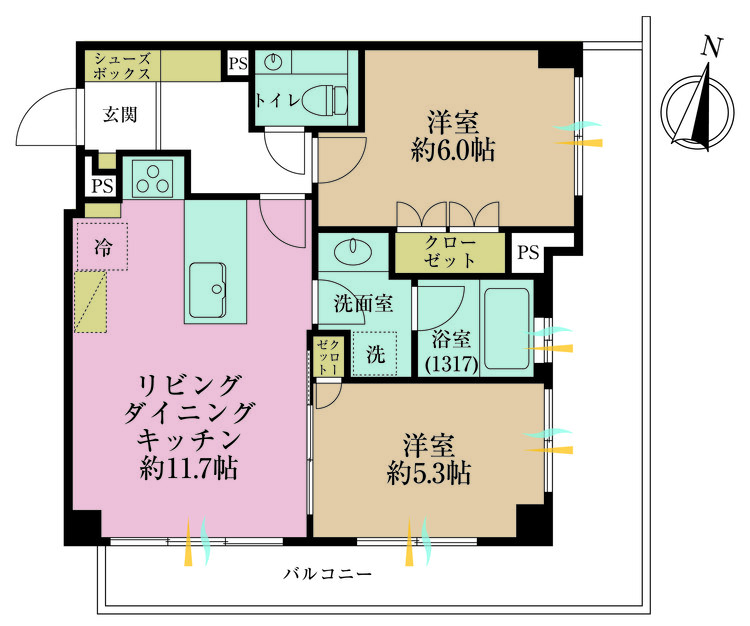 その他 2LDK、専有面積52.95m2、バルコニー面積15.84m2