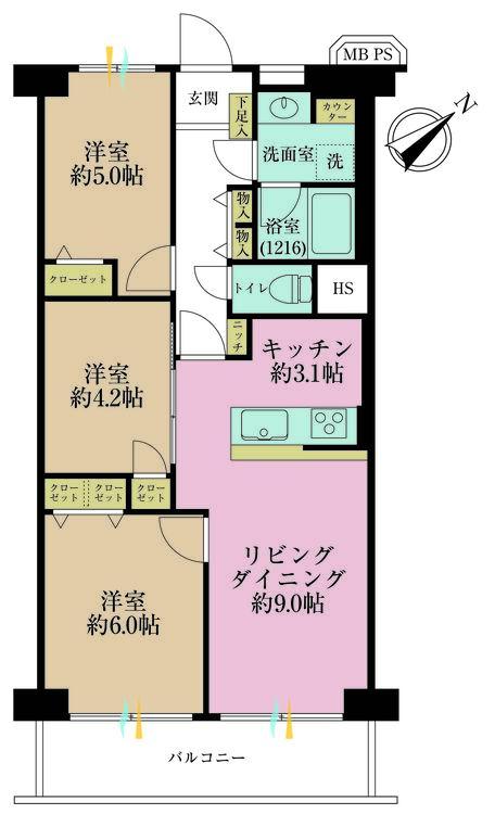 その他 3LDK、専有面積61.6m2、バルコニー面積5.82m2