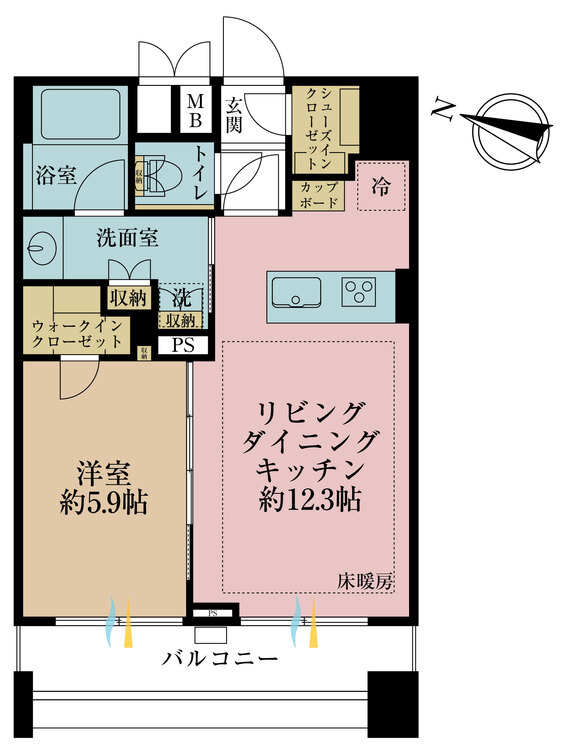 間取り 1LDK、専有面積45.82?、バルコニー面積6.23?
