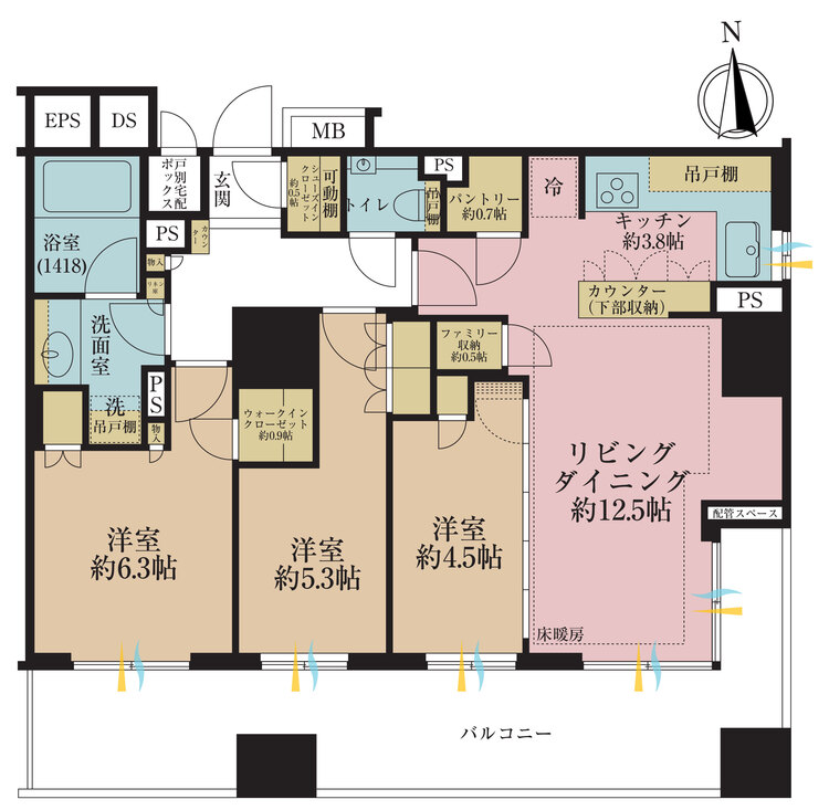 間取り 3LDK、専有面積76.28m2、バルコニー面積21.4m2