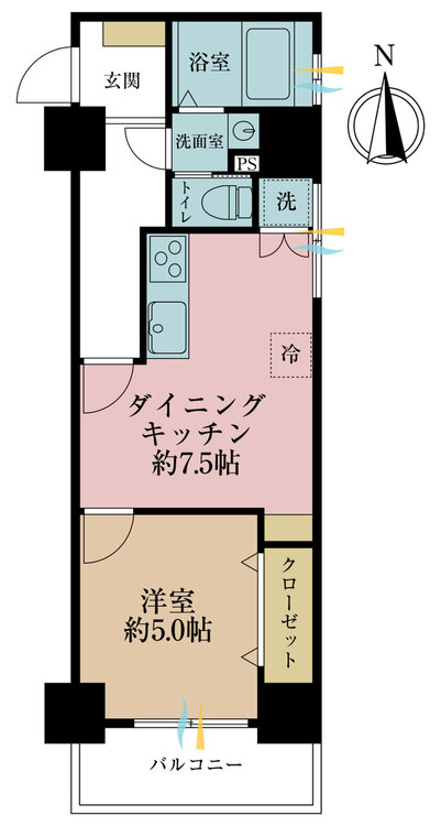 間取り 1LDK、専有面積35.04?、バルコニー面積4.55?