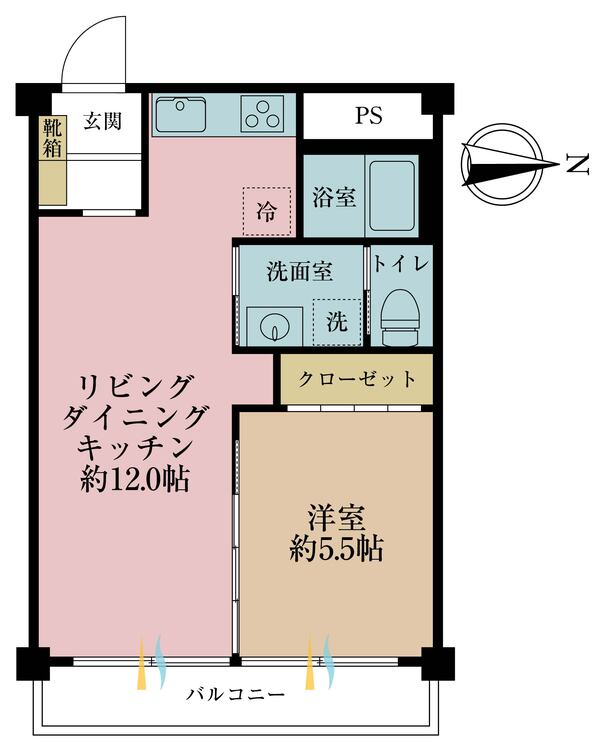 間取り 1LDK、専有面積43.33m2、バルコニー面積4.79m2