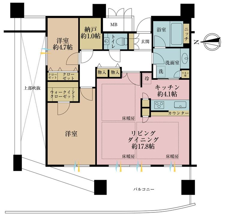 間取り 2SLDK、専有面積90.13?、バルコニー面積確認